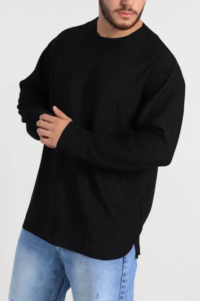 Siyah Oversize Fitilli Doku Geniş Yaka Erkek Sweatshirt 306960