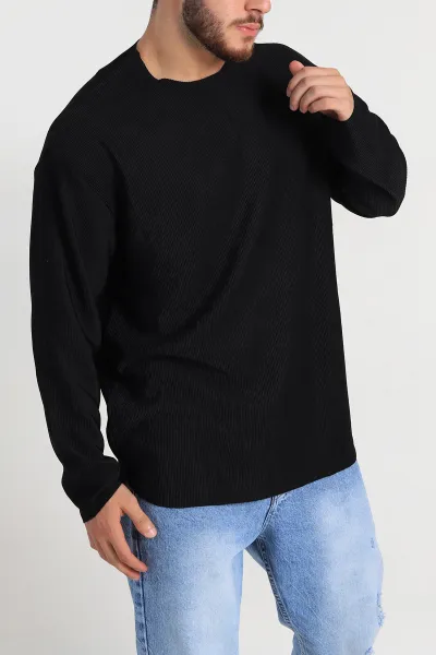 Siyah Oversize Fitilli Doku Geniş Yaka Erkek Sweatshirt 306960