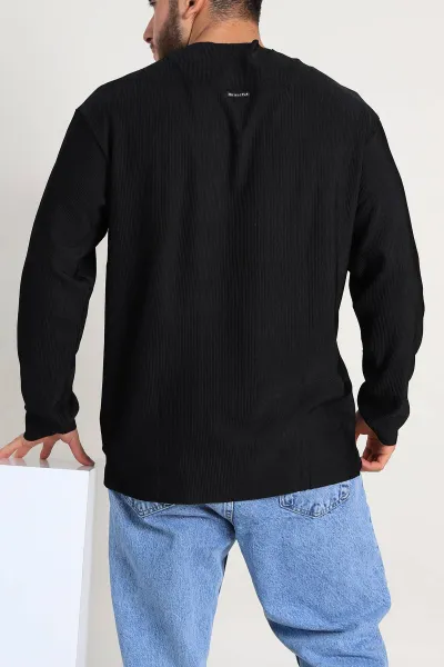 Siyah Oversize Fitilli Doku Geniş Yaka Erkek Sweatshirt 306960