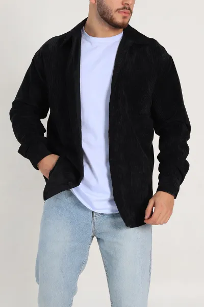 Siyah Oversize Fitilli Kadife Cep Detaylı Erkek Gömlek 318407