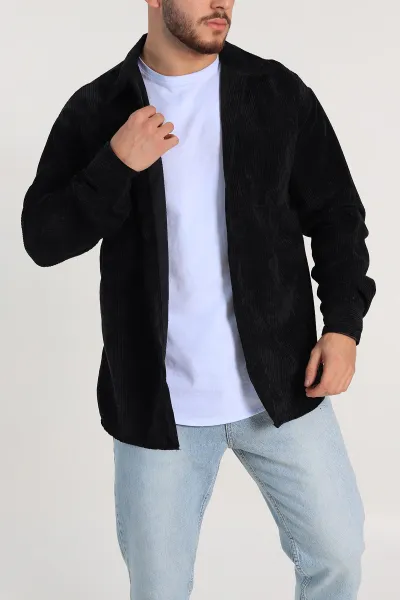 Siyah Oversize Fitilli Kadife Cep Detaylı Erkek Gömlek 318407