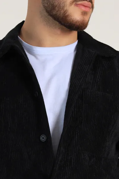 Siyah Oversize Fitilli Kadife Cep Detaylı Erkek Gömlek 318407