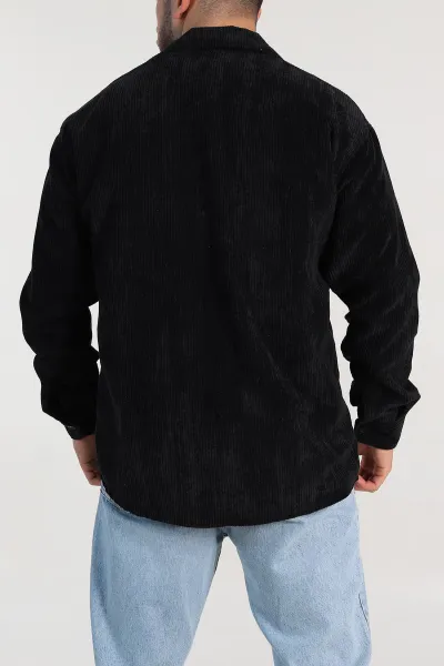 Siyah Oversize Fitilli Kadife Cep Detaylı Erkek Gömlek 318407
