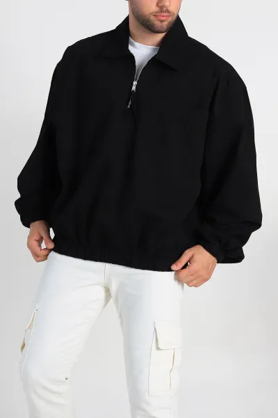Siyah Oversize Gabardin Kumaş Çift Cepli Yarım Fermuar Kanguru Ceket 307445 Siyah Oversize Gabardin Kumaş Çift Cepli Yarım Fermuar Kanguru Ceket 307445