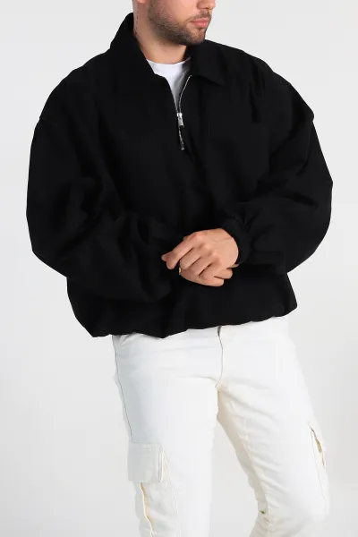 Siyah Oversize Gabardin Kumaş Çift Cepli Yarım Fermuar Kanguru Ceket 307445 Siyah Oversize Gabardin Kumaş Çift Cepli Yarım Fermuar Kanguru Ceket 307445