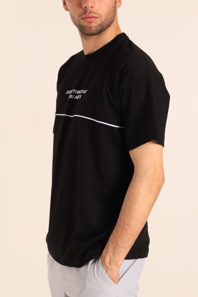 Siyah Oversize Göğüs Kabartma Yazılı Erkek Tişört 184309