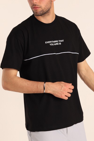 Siyah Oversize Göğüs Kabartma Yazılı Erkek Tişört 184309