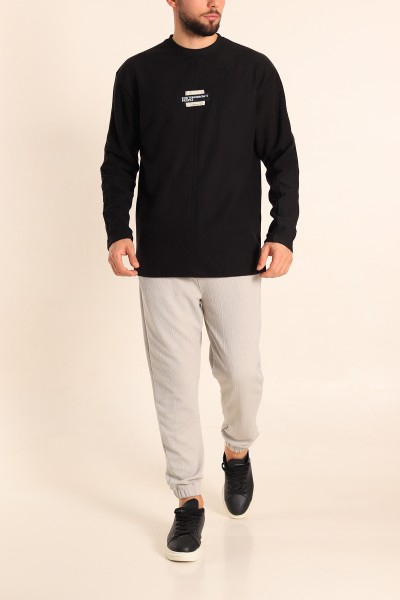 Siyah Oversize Göğüs Nakışlı Polar Sweatshirt 213933
