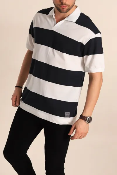 Siyah Oversize İki İp Geniş Çizgili Polo Yaka Erkek Tişört 257561