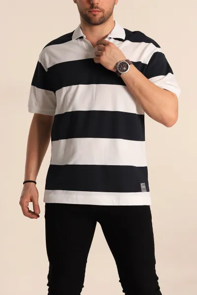 Siyah Oversize İki İp Geniş Çizgili Polo Yaka Erkek Tişört 257561