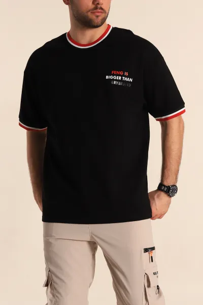 Siyah Oversize İki İp Kabartma Yazı Detaylı Erkek Tişört 247945