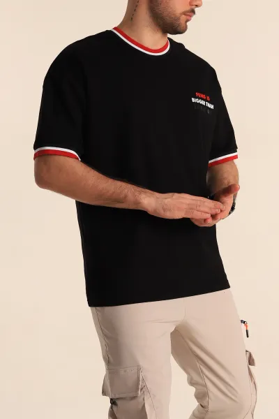 Siyah Oversize İki İp Kabartma Yazı Detaylı Erkek Tişört 247945