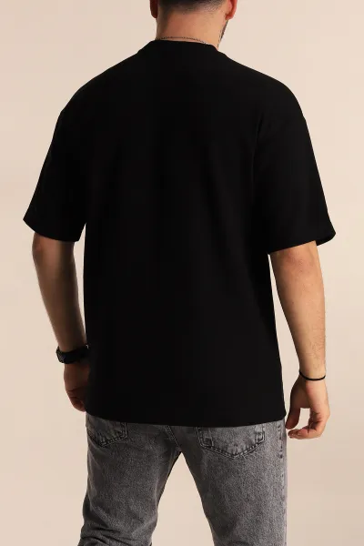 Siyah Oversize İki İp Kabartma Yazılı Erkek Tişört 266838