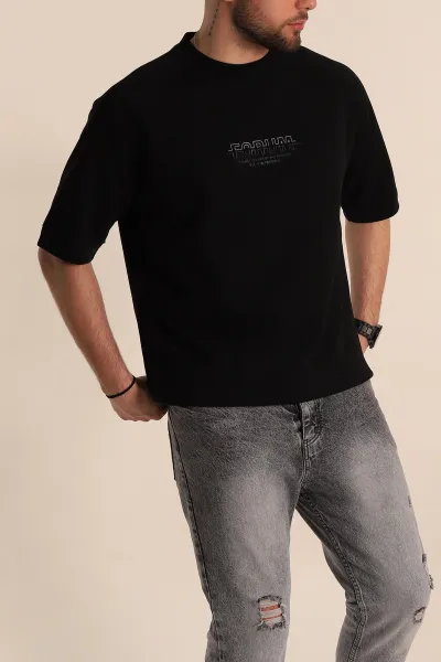 Siyah Oversize İki İp Kabartma Yazılı Reglan Kol Detaylı Erkek Tişört 266859
