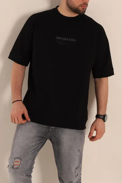Siyah Oversize İki İp Kabartma Yazılı Reglan Kol Detaylı Erkek Tişört 266859