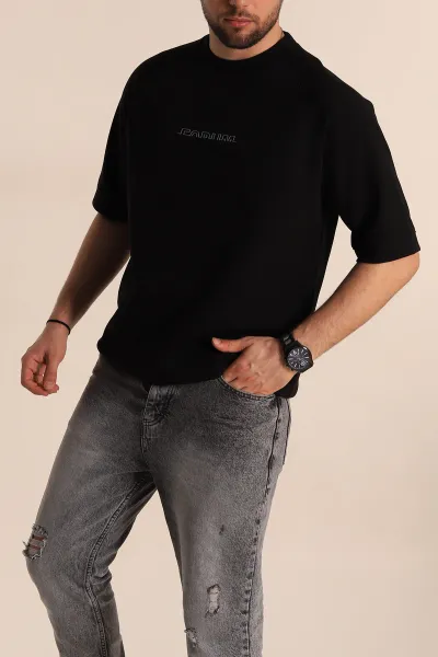 Siyah Oversize İki İp Kabartma Yazılı Reglan Kol Detaylı Erkek Tişört 266859