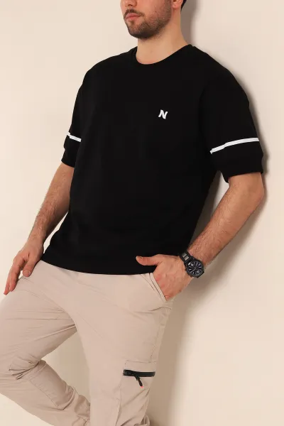 Siyah Oversize İki İp Kol Lastikli Erkek Tişört 247971