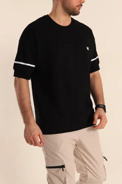 Siyah Oversize İki İp Kol Lastikli Erkek Tişört 247971