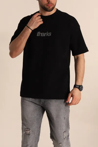Siyah Oversize İki İp Sırt Kabartma Yazı Detaylı Erkek Tişört 266871