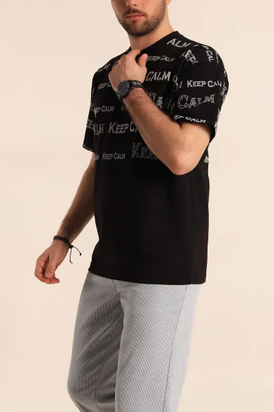 Siyah Oversize İki İp Yazı Detay Erkek Tişört 247567
