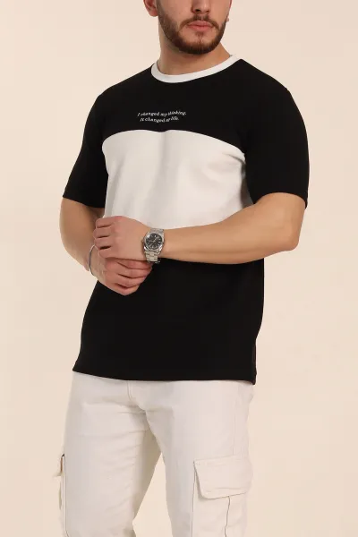 Siyah Oversize İnterlok Kumaş Kabartma Yazı Detaylı Erkek Tişört 353349