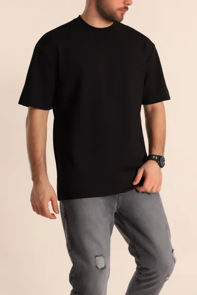 Siyah Oversize Jakarlı Basic Erkek Tişört 249455