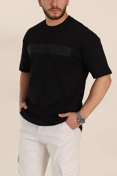 Siyah Oversize Kabartma Detaylı Erkek Tişört 358276