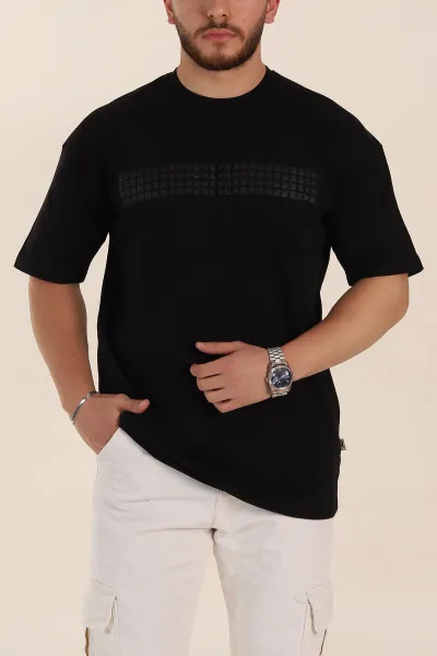 Siyah Oversize Kabartma Detaylı Erkek Tişört 358276