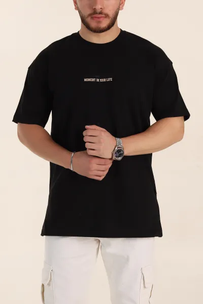 Siyah Oversize Kabartma Yazı Detaylı Erkek Tişört 358095