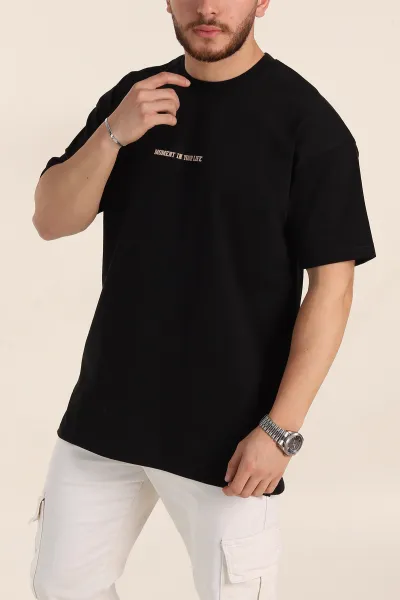Siyah Oversize Kabartma Yazı Detaylı Erkek Tişört 358095