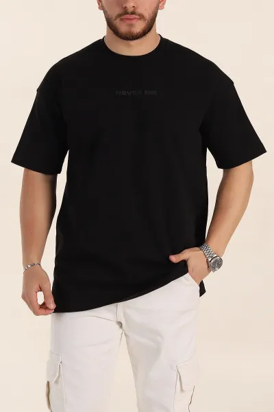 Siyah Oversize Kabartma Yazı Detaylı Erkek Tişört 358193
