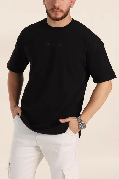 Siyah Oversize Kabartma Yazı Detaylı Erkek Tişört 358193