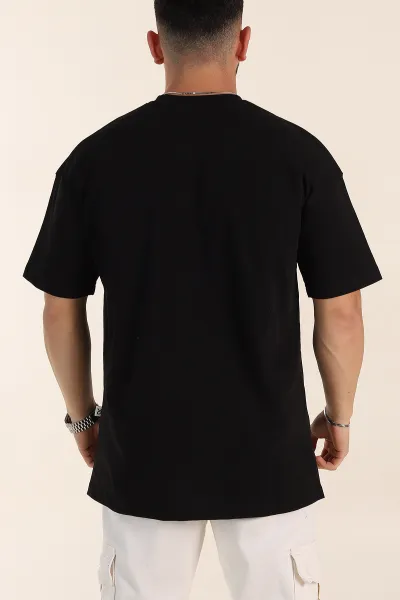 Siyah Oversize Kabartma Yazı Detaylı Erkek Tişört 358193
