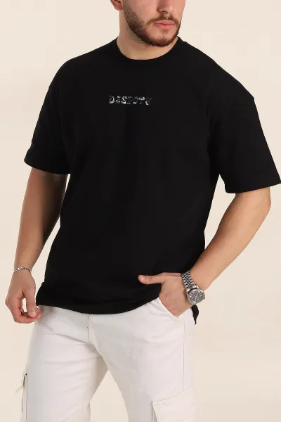 Siyah Oversize Kabartma Yazı Detaylı Erkek Tişört 358204