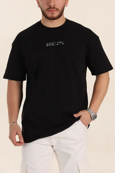Siyah Oversize Kabartma Yazı Detaylı Erkek Tişört 358204