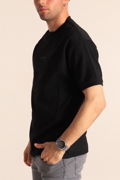 Siyah Oversize Kabartma Yazılı Dikişli Erkek Tişört 181816