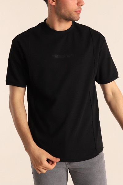Siyah Oversize Kabartma Yazılı Dikişli Erkek Tişört 181816