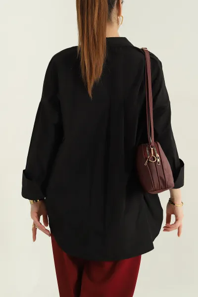 Siyah Oversize Kadın Poplin Gömlek 362374