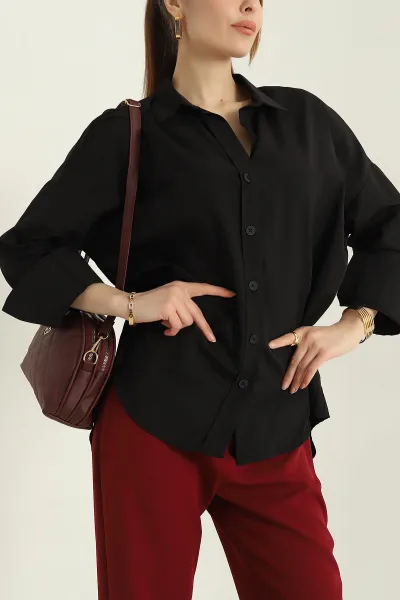 Siyah Oversize Kadın Poplin Gömlek 362374