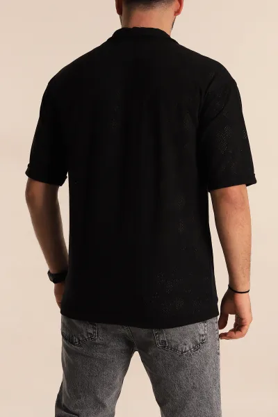 Siyah Oversize Keten Delikli Kısa Kollu Erkek Gömlek 267080