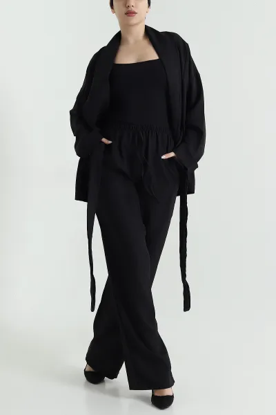 Siyah Oversize Keten Kadın İkili Takım 446551