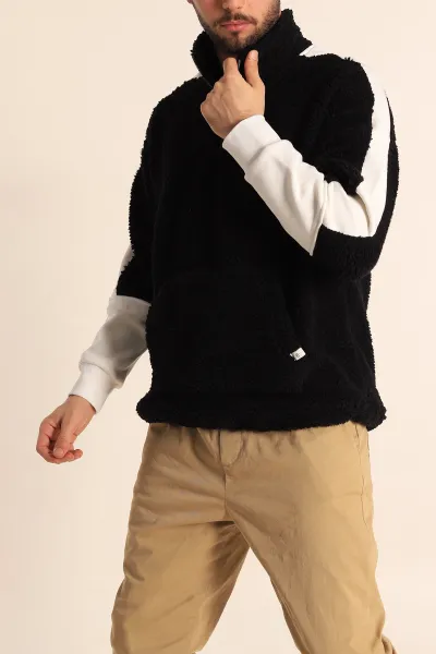 Siyah Oversize Kol Detaylı Kanguru Cepli Yarım Fermuar Peluş Sweatshirt 233947