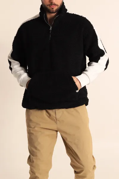 siyah-oversize-kol-detayli-kanguru-cepli-yarim-fermuar-pelus-sweatshirt-233947