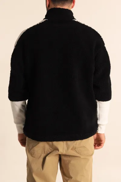 Siyah Oversize Kol Detaylı Kanguru Cepli Yarım Fermuar Peluş Sweatshirt 233947