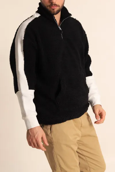 Siyah Oversize Kol Detaylı Kanguru Cepli Yarım Fermuar Peluş Sweatshirt 233947