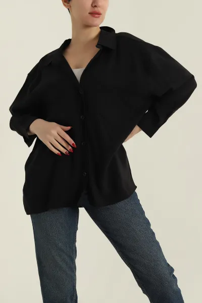 Siyah Oversize Modal Kadın Gömlek 427908