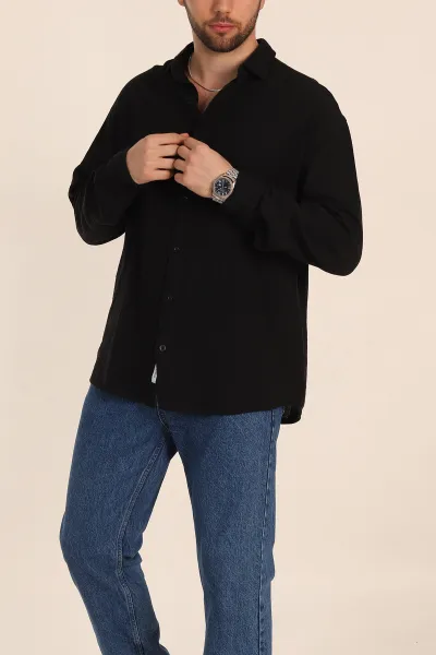 Siyah Oversize Müslin Keten Uzun Kollu Erkek Gömlek 347733