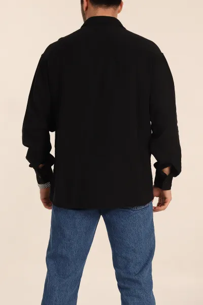 Siyah Oversize Müslin Keten Uzun Kollu Erkek Gömlek 347733