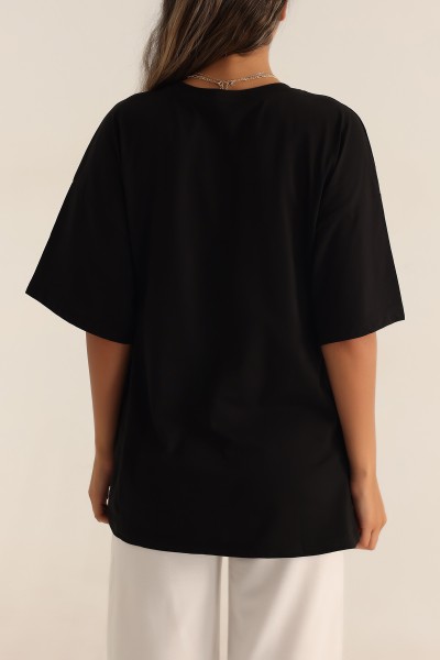 Siyah Oversize Nakışlı Bayan Tişört 192567