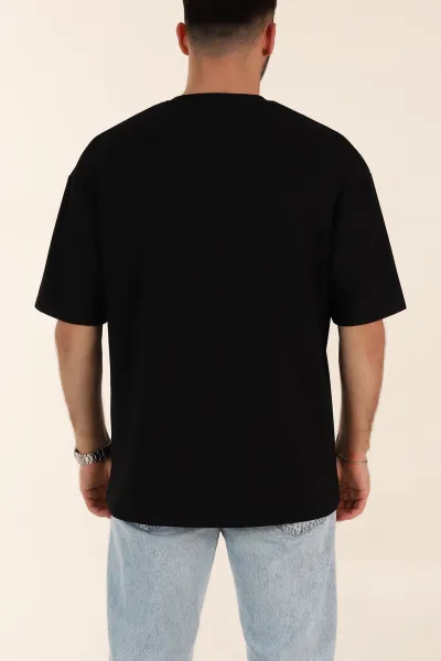 Siyah Oversize Oysho Kumaş Kabartma Yazılı Erkek Tişört 365097